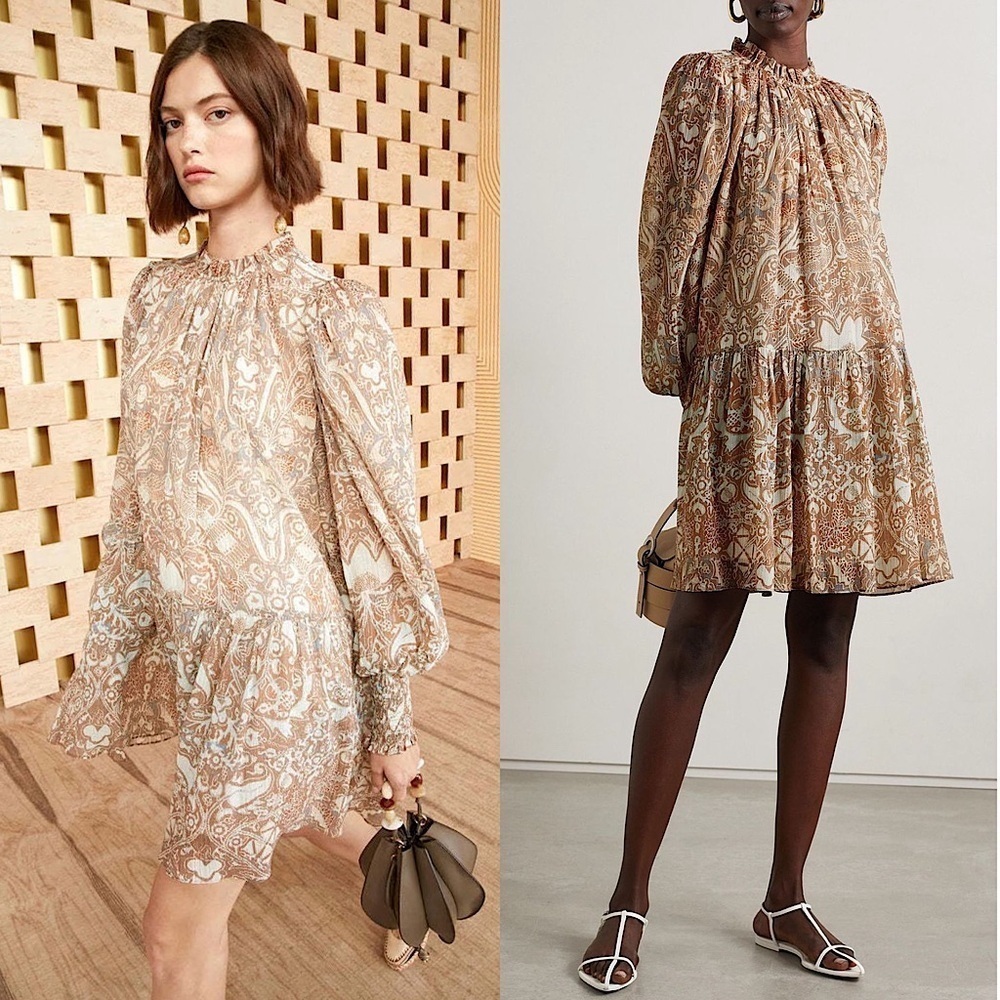ULLA JOHNSON Floral Paisley Smocked Puff Long Sleeve Ruffle Neck Tiered Dress 00
